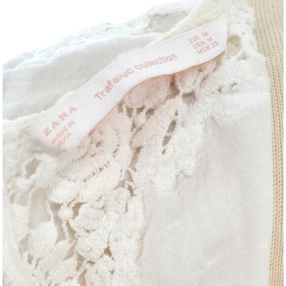 Zara Trafaluc Med Blouse Swiss Dot Boho Lace Button Light Shirt Long Sleeve Top - Picture 10 of 12